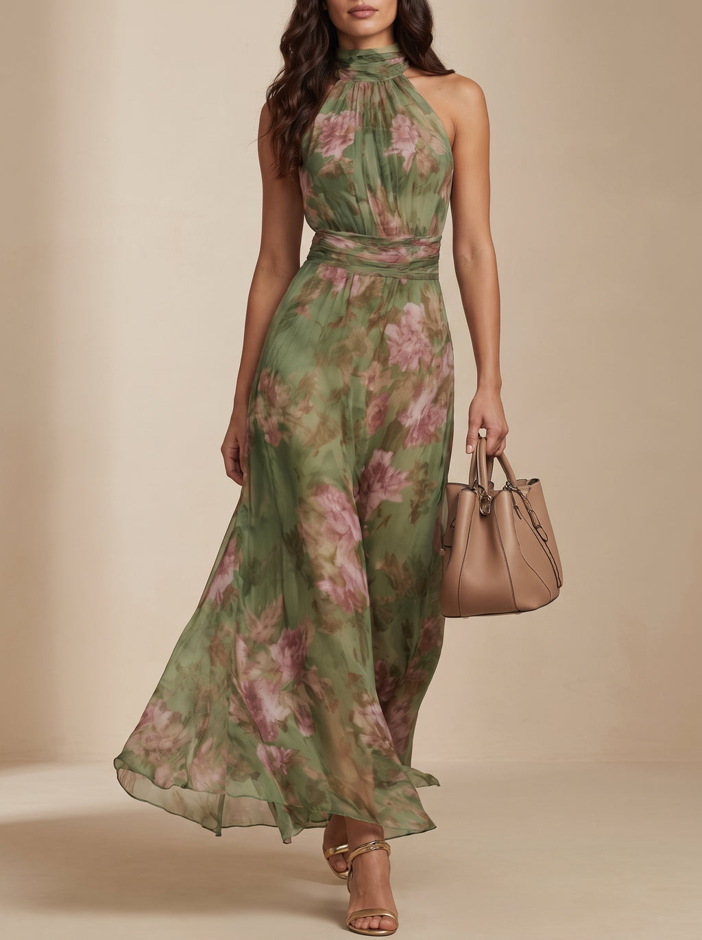 Livia | Elegante vestido largo con cuello halter y estampado floral