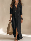 Soline™ | Vestido largo negro tipo maxi con botones