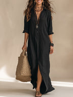 Soline™ | Vestido largo negro tipo maxi con botones