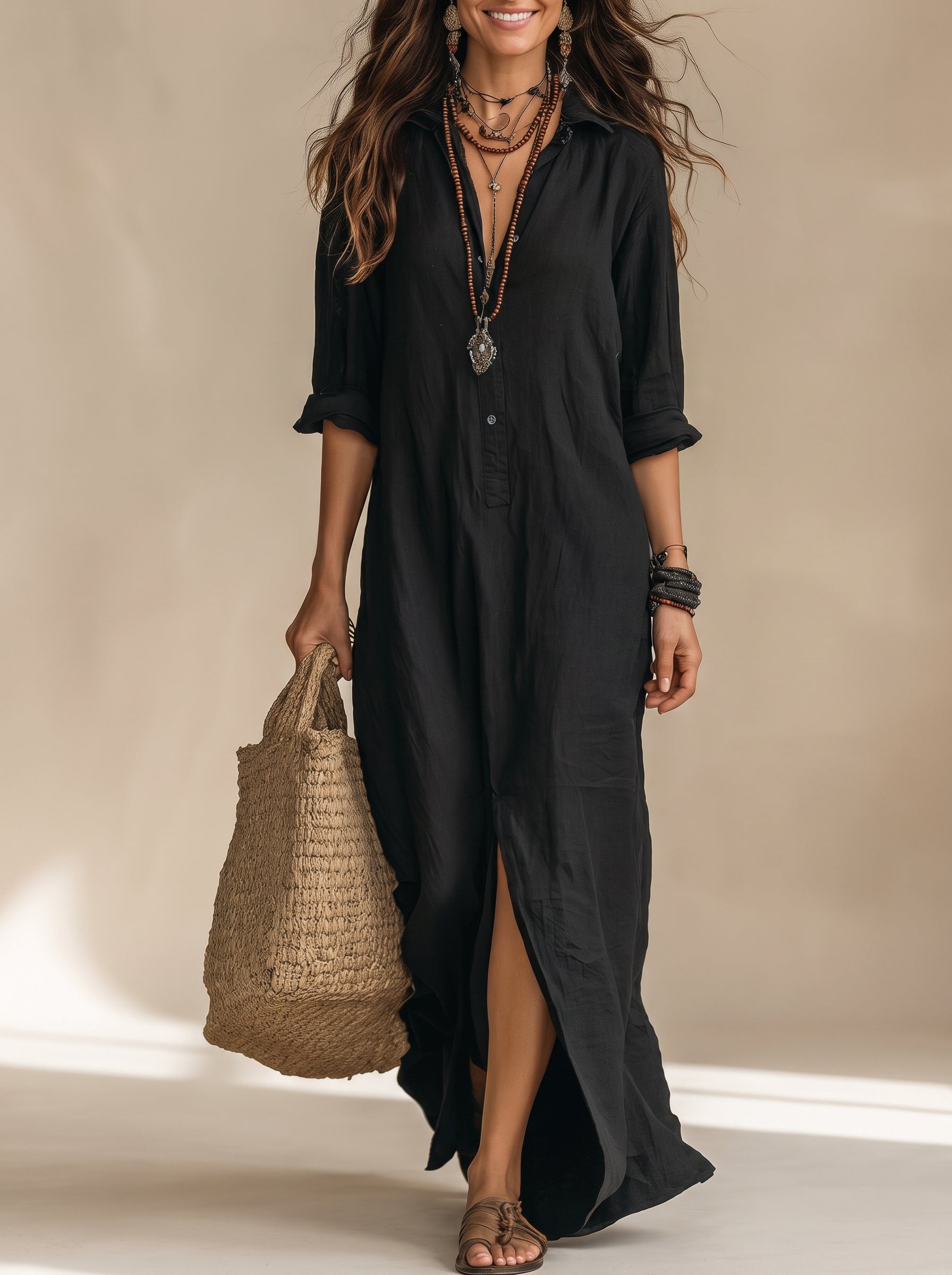 Soline™ | Vestido largo negro tipo maxi con botones