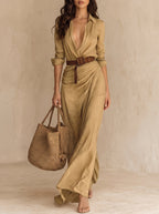 Camille™ | Vestido largo con solapa y cinturón en la cintura