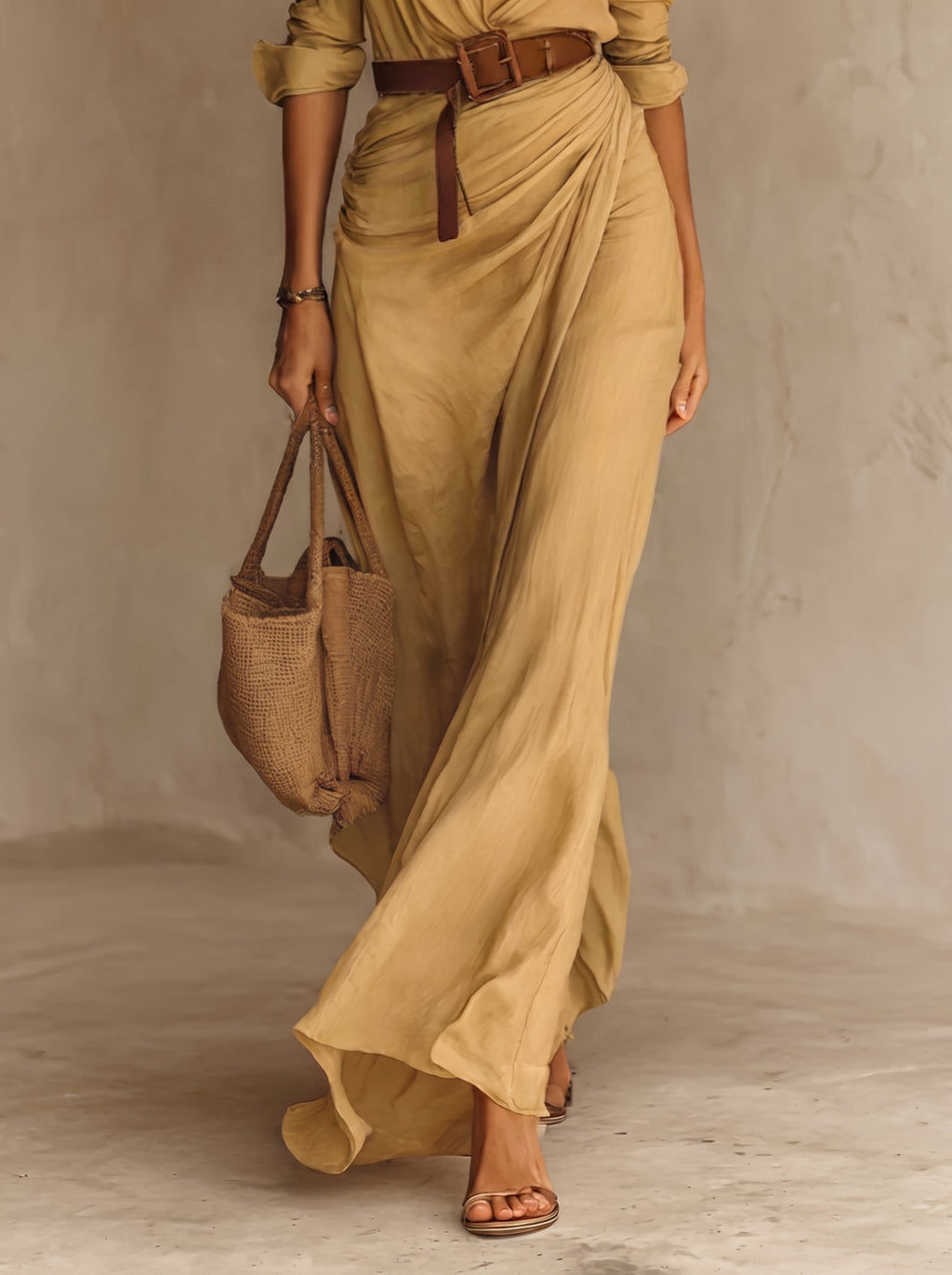 Camille™ | Vestido largo con solapa y cinturón en la cintura