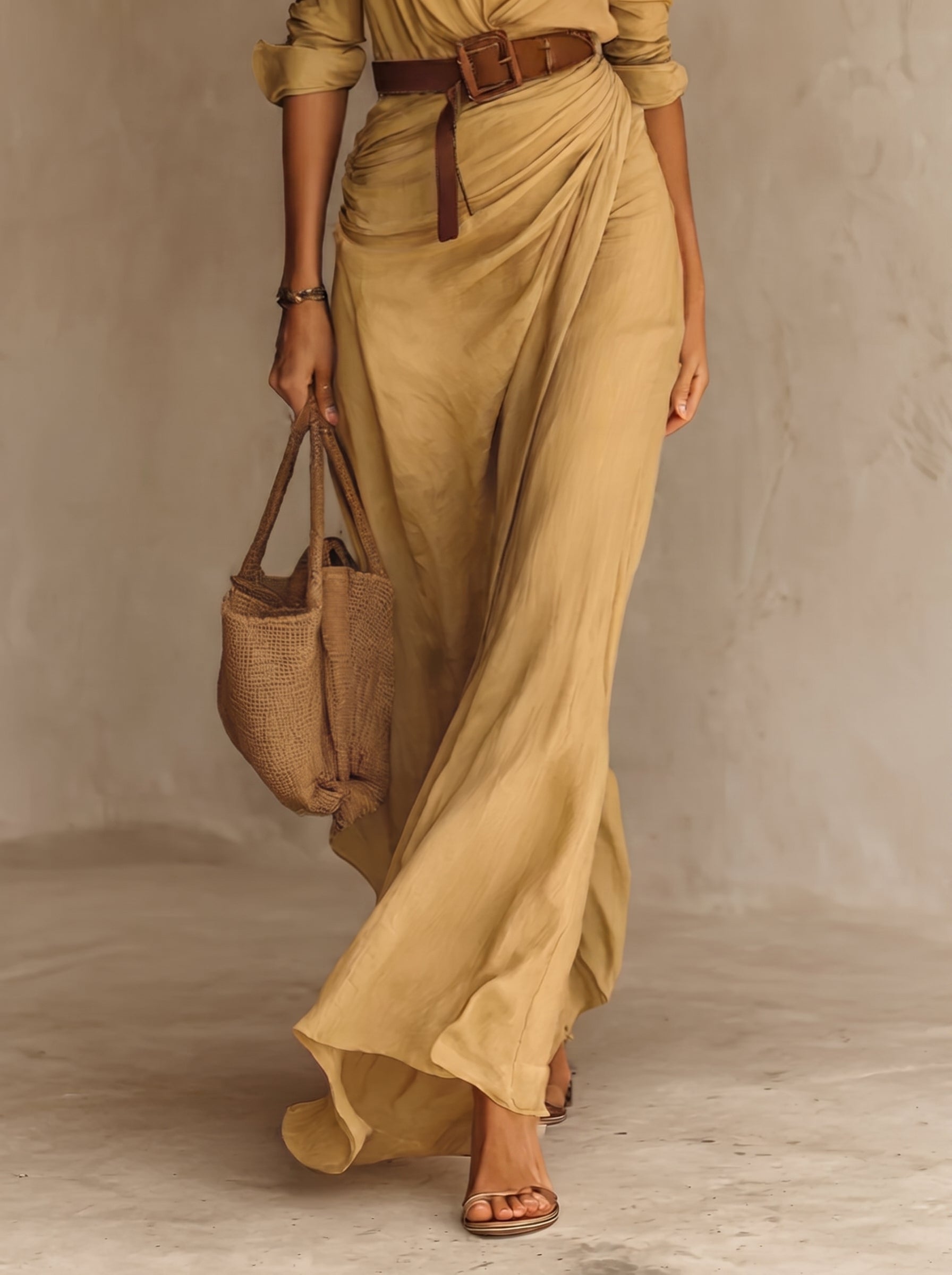 Camille™ | Vestido largo con solapa y cinturón en la cintura