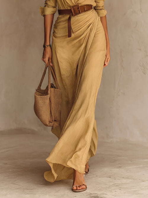 Camille™ | Vestido largo con solapa y cinturón en la cintura