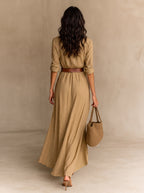 Camille™ | Vestido largo con solapa y cinturón en la cintura