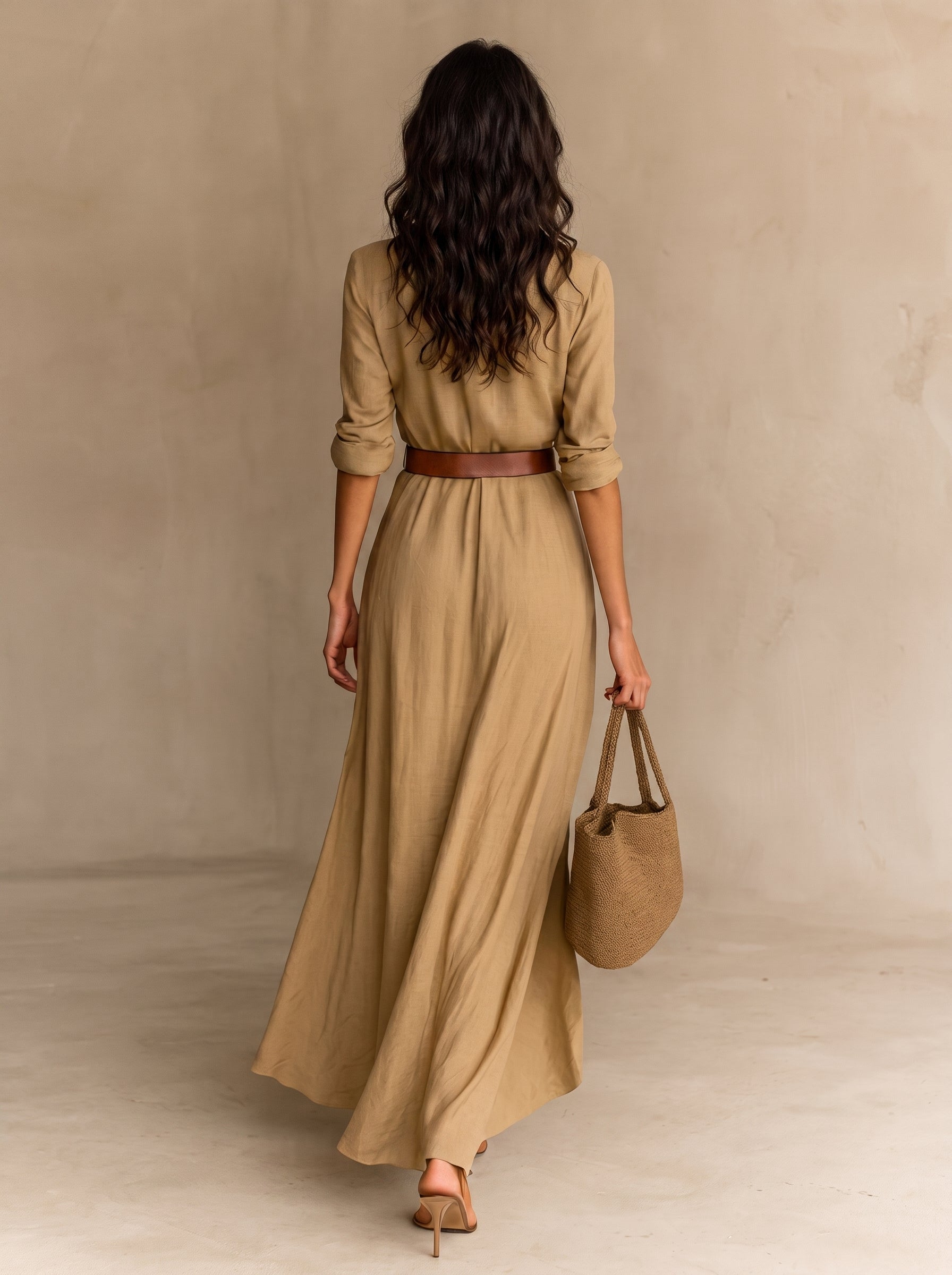 Camille™ | Vestido largo con solapa y cinturón en la cintura