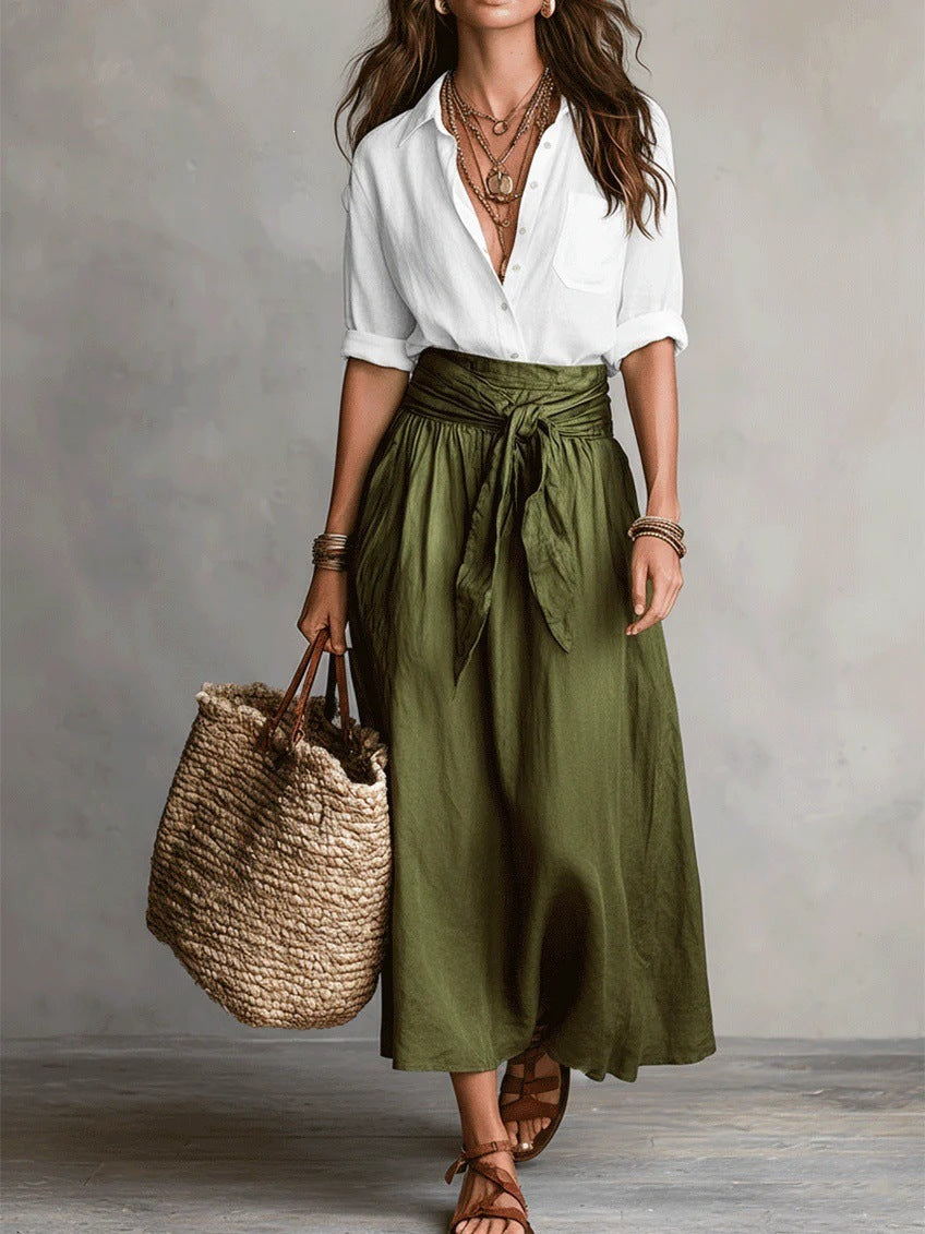 Vera | Conjunto de dos piezas: top negro y falda midi verde oliva