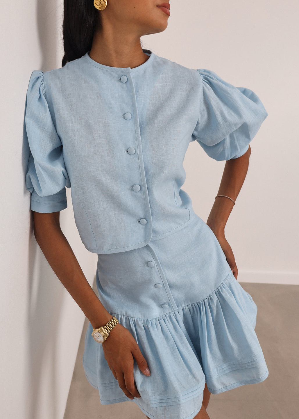 Blusa Laney de Lino con Botones | Azul Pastel